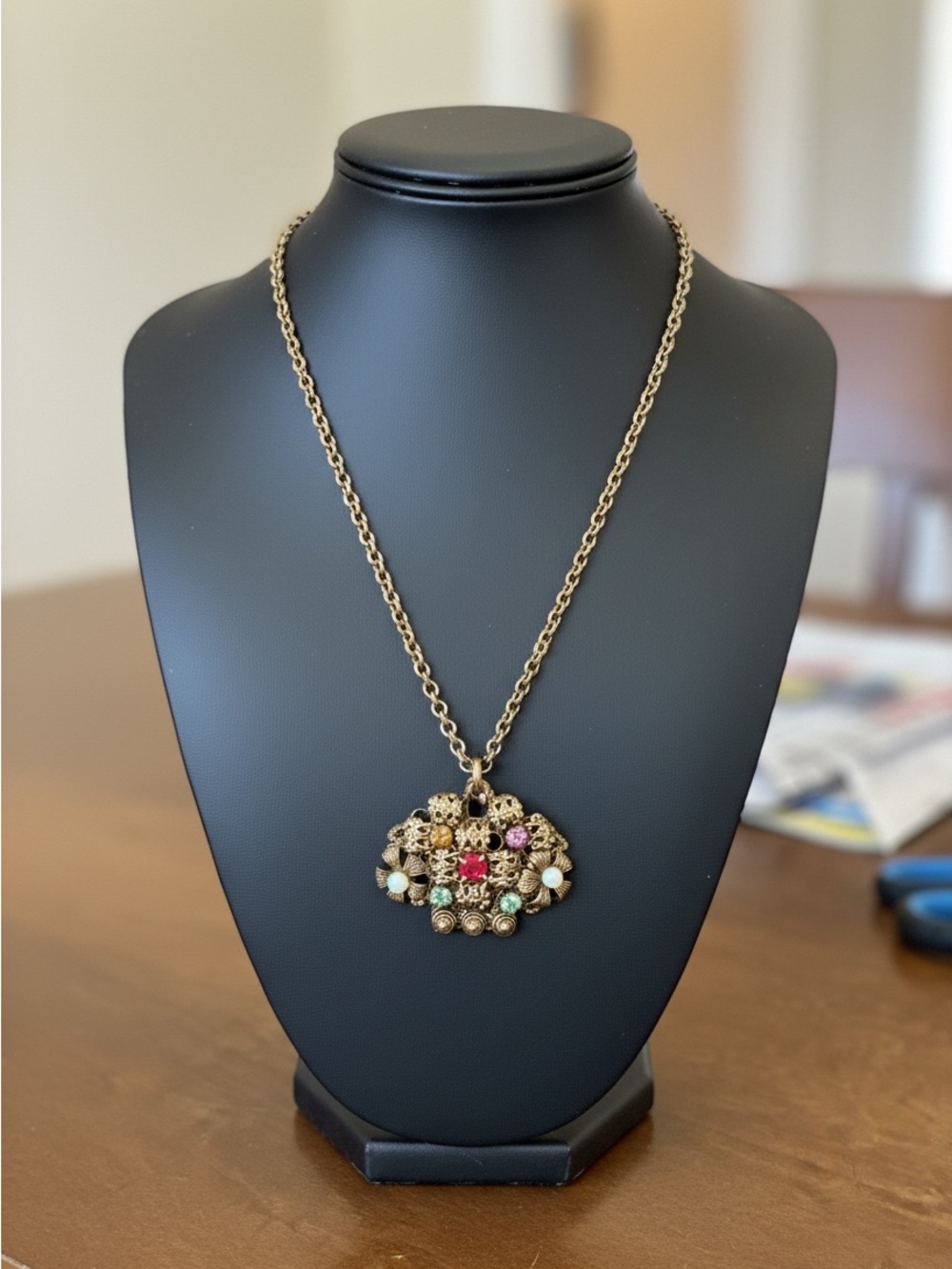 Vintage Czech Rhinestone Floral Basket Pendant with 30” Chain - Picture 2 of 11